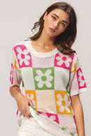 BiBi Flower Checker Pattern Lightweight Sweater Top IVRY FUCH OLIVE MUST