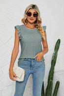 Trendy Smocked Round Neck Eyelet Top with Cap Flutter Sleeves - Casual Long Length Blouse - Store 42