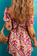 Floral Puff Sleeve Square Neck Knot Open Back Mini Dress