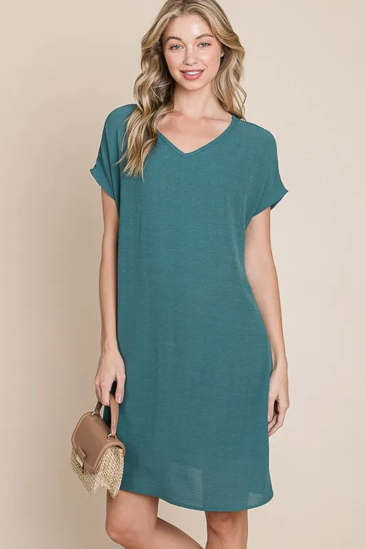 BOMBOM V-Neck Short Sleeve Dress with Pockets - Stylish, Versatile, and Slightly Stretchy