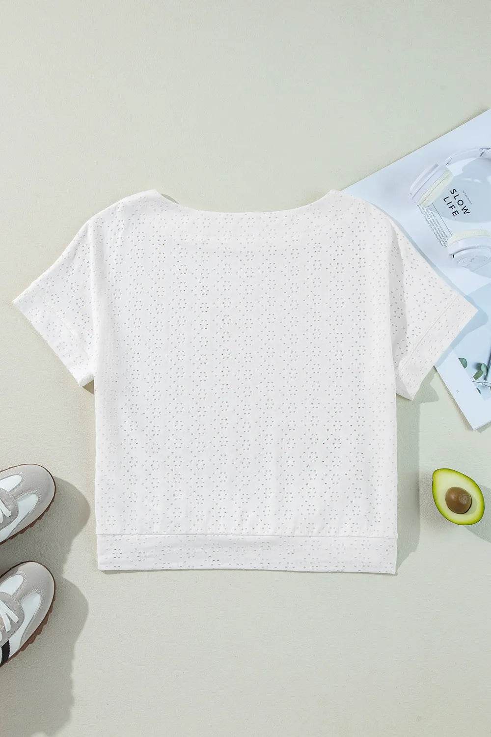 Stylish Eyelet Pattern Boat Neck Tee for Women – Slightly Stretchy, Casual Comfort - Store 42