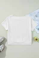 Stylish Eyelet Pattern Boat Neck Tee for Women – Slightly Stretchy, Casual Comfort - Store 42
