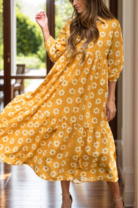 Floral Collared Neck Three-Quarter Sleeve Dress Gold