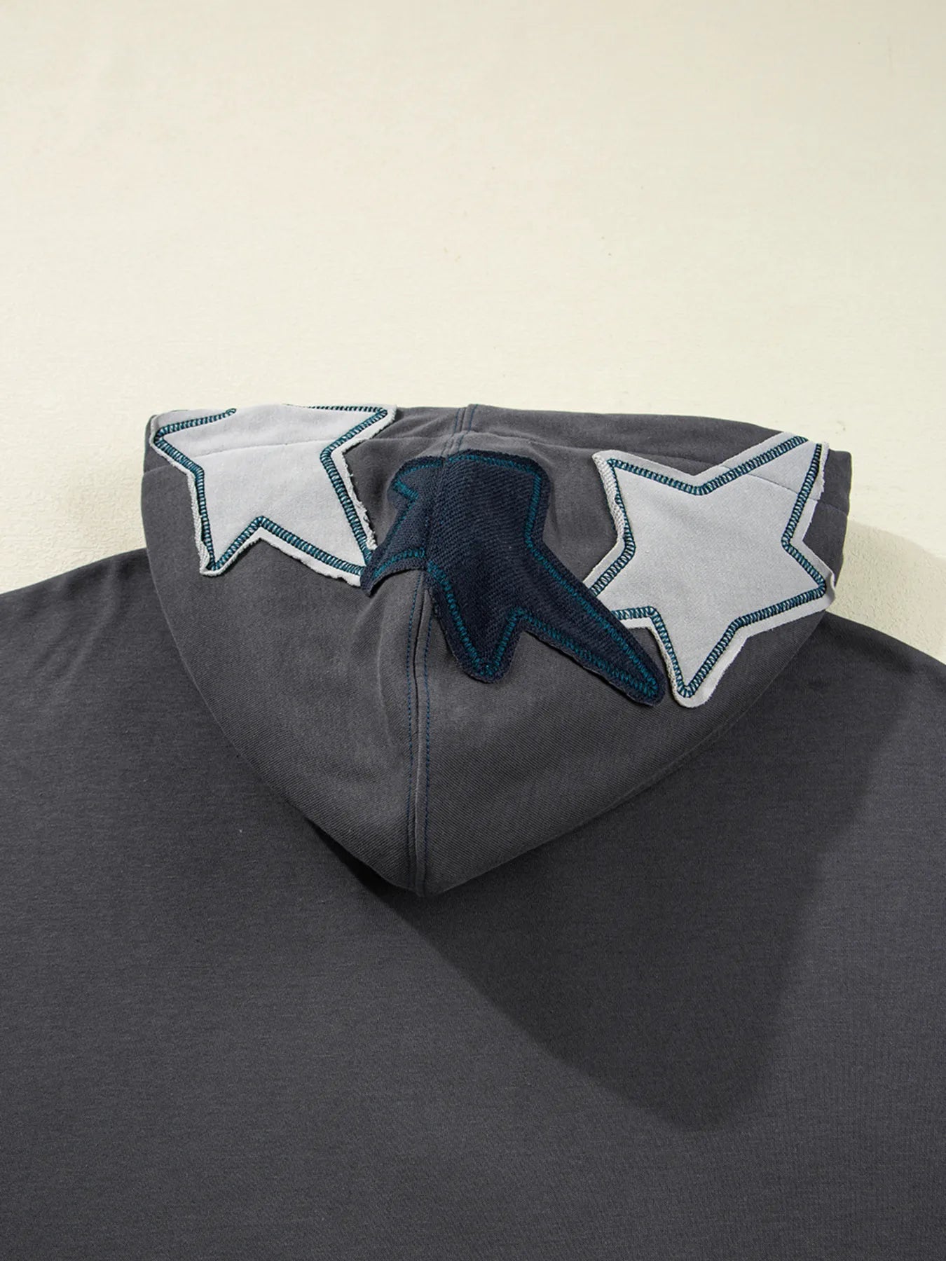 Star Patchwork Contrast Stitching Mineral Wash Kangaroo Pocket Hoodie