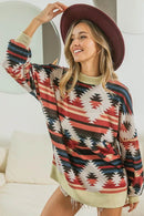 BiBi Aztec Print Mock Neck Long Sleeve Top - Oversized, Soft Cotton Blend, Tribal Chic - Store 42