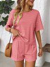 Striped Round Neck Short Sleeve Top and Shorts Set Strawberry