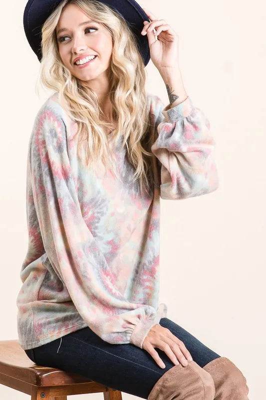 BiBi Pastel Tie Dye Top with Puff Sleeves - Soft Cotton, Relaxed Fit, Casual Chic Style