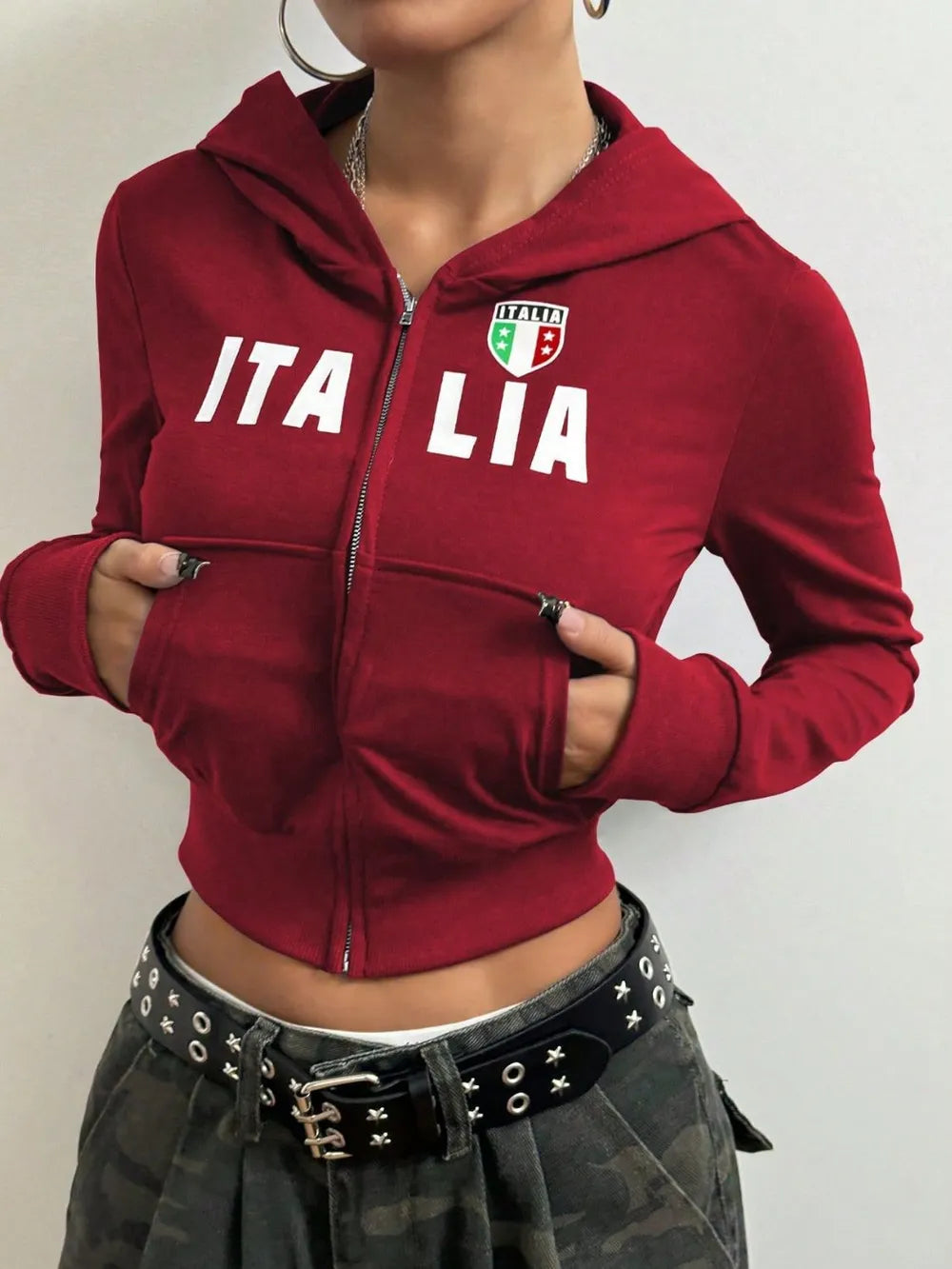 Trendy Letter Graphic Zip-Up Hoodie with Pockets - Opaque, Stretchy, and Comfortable