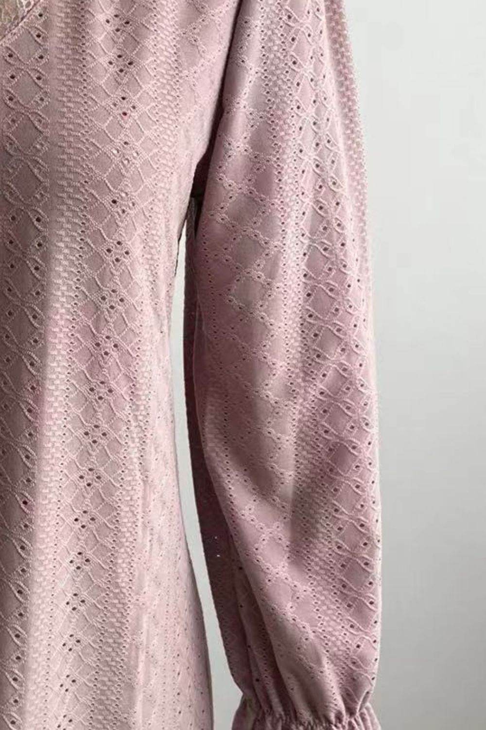 Trendy Eyelet V-Neck Blouse with Flounce Sleeves - Opaque, Highly Stretchy, Lined - 100% Polyester - Store 42