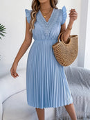 Lace Detail Ruffled Cap Sleeve Pleated Dress Sky Blue