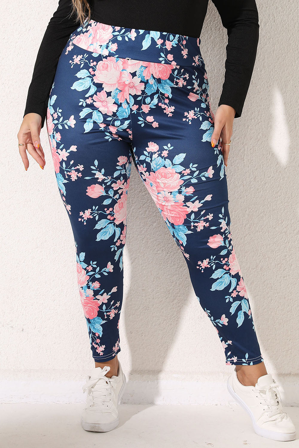 Trendy Plus Size Floral Print Leggings - Opaque, Comfortable, 95% Polyester, Machine Washable