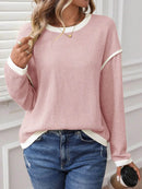Slightly Stretchy Ribbed Long Sleeve Top with Contrast Trim - Elegant Basic Style - Store 42