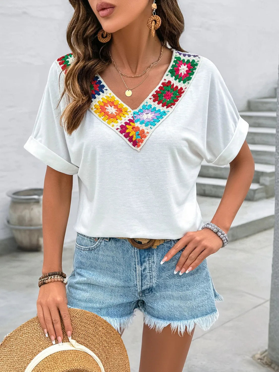 Embroidered Contrast V-Neck Short Sleeve Top - Slightly Stretchy & Comfortable
