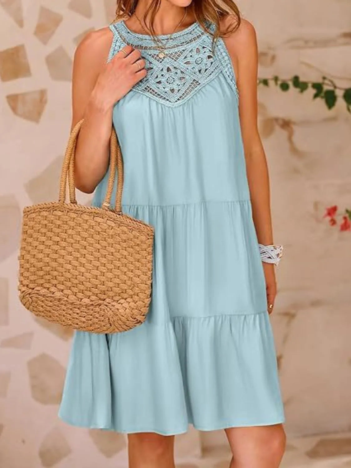 Ruffled Hem Lace Sleeveless Dress Light Blue
