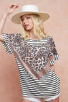 BiBi Stripe Rayon Span Knit Color Block Top With Leopard - Store 42