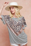 BiBi Stripe Rayon Span Knit Color Block Top With Leopard - Store 42
