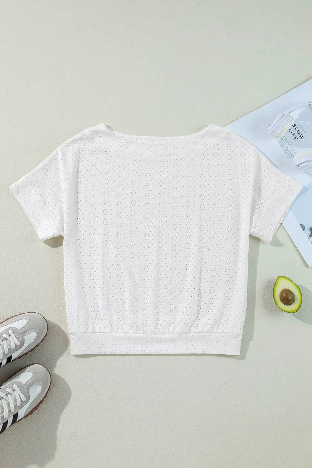 Stylish Eyelet Pattern Boat Neck Tee for Women – Slightly Stretchy, Casual Comfort - Store 42