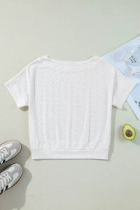 Stylish Eyelet Pattern Boat Neck Tee for Women – Slightly Stretchy, Casual Comfort - Store 42