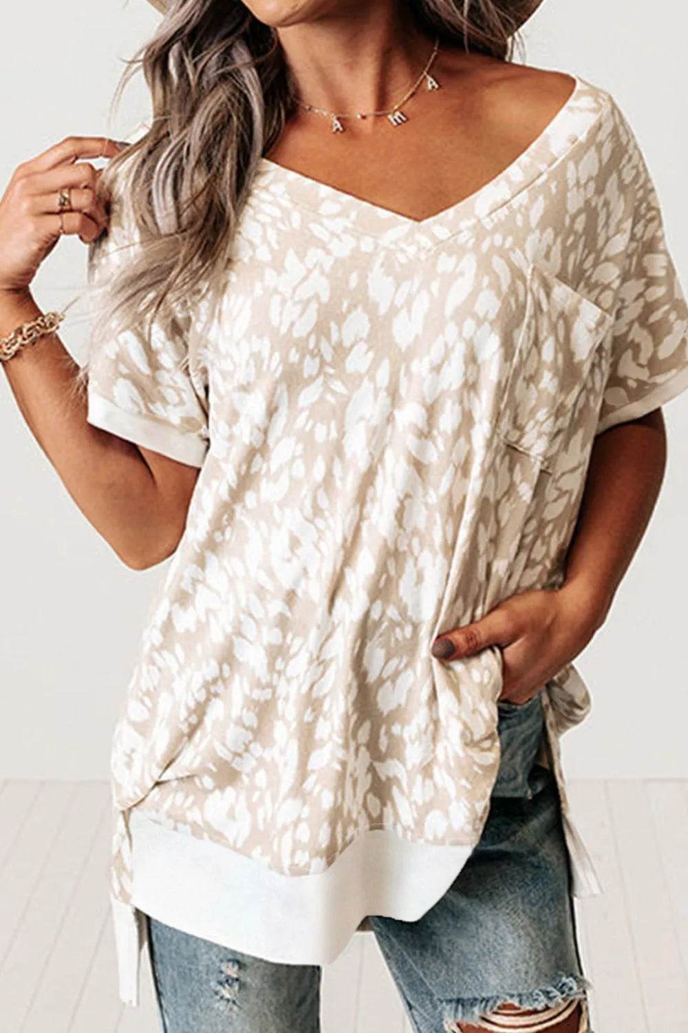 Leopard Print V-Neck T-Shirt with Side Slit - Loose Fit, Stretchy, Casual Style
