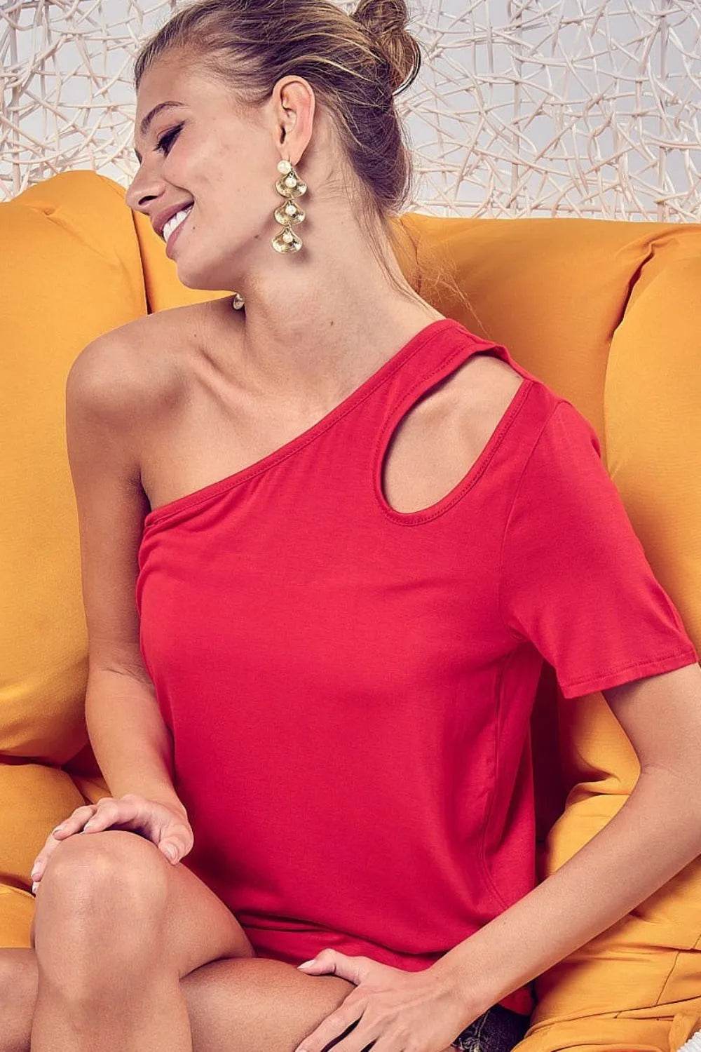 Trendy One Shoulder Cut Out Top - Chic Edgy Style, Slightly Stretchy 100% Cotton - Fits S to XL