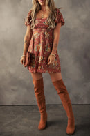 Floral Puff Sleeve Square Neck Knot Open Back Mini Dress