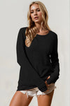 Double Take Corded Rib Thumbhole Cuff Round Neck T-Shirt Black