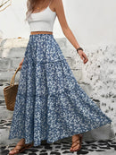 Tiered Floral Maxi Skirt Dusty Blue