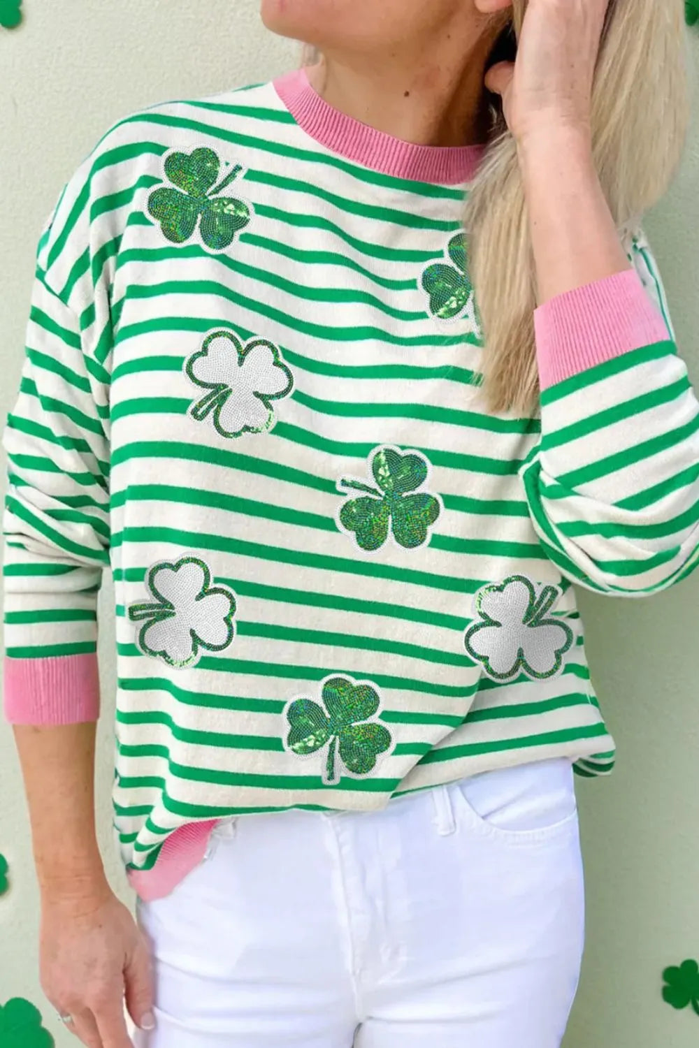 Trendy Striped Lucky Clover Long Sleeve Sweatshirt with Sequin Detail - Soft Cotton Blend