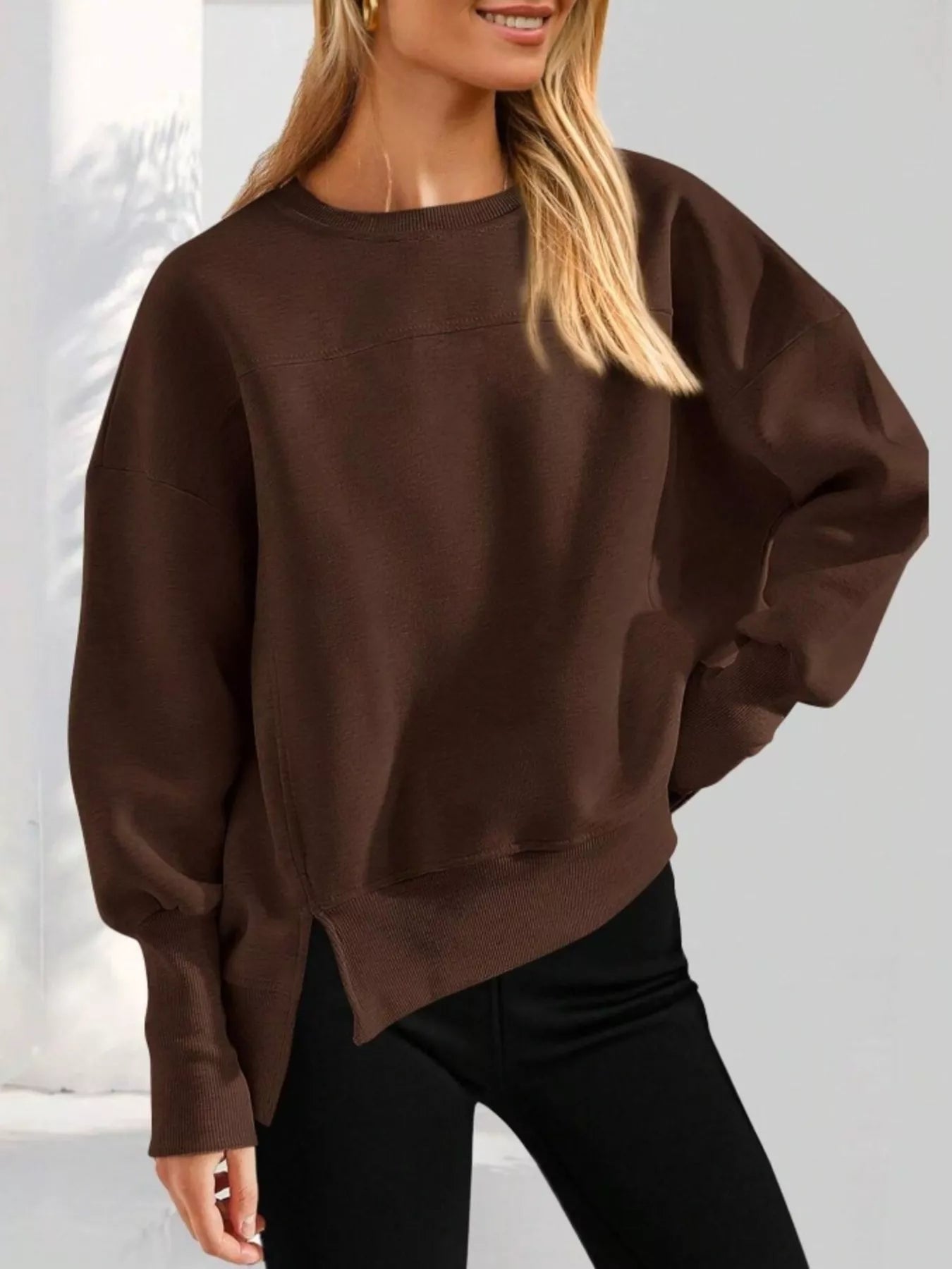 Oversized Slit Round Neck Sweatshirt with Dropped Shoulders - Soft Stretch Fabric