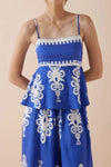 Printed Square Neck Cami and Wide Leg Pants Set Blue
