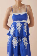 Printed Square Neck Cami and Wide Leg Pants Set Blue