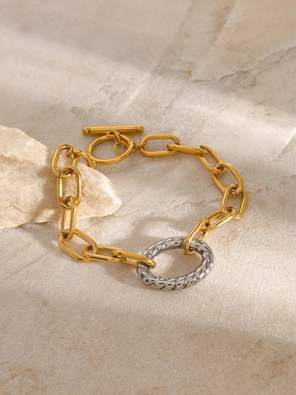 Stylish Two-Tone 18K Gold-Plated Stainless Steel Chain Bracelet - 8.1 Inch Length