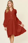 Double Take Full Size Texture Half Button Ruffle Trim Dress Caramel