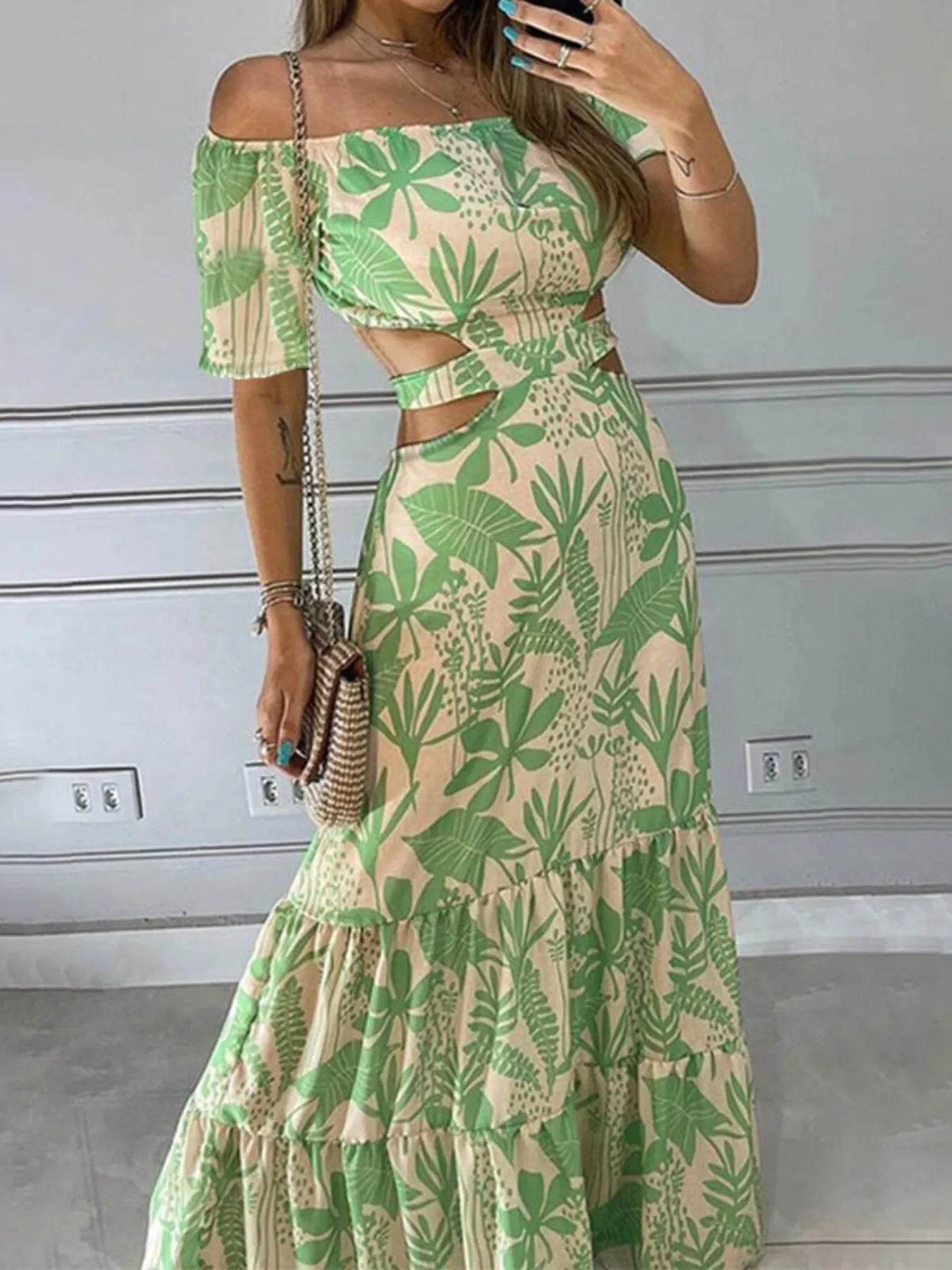 Full Size Cutout Off-Shoulder Printed Maxi Dress Plus Size - Store 42