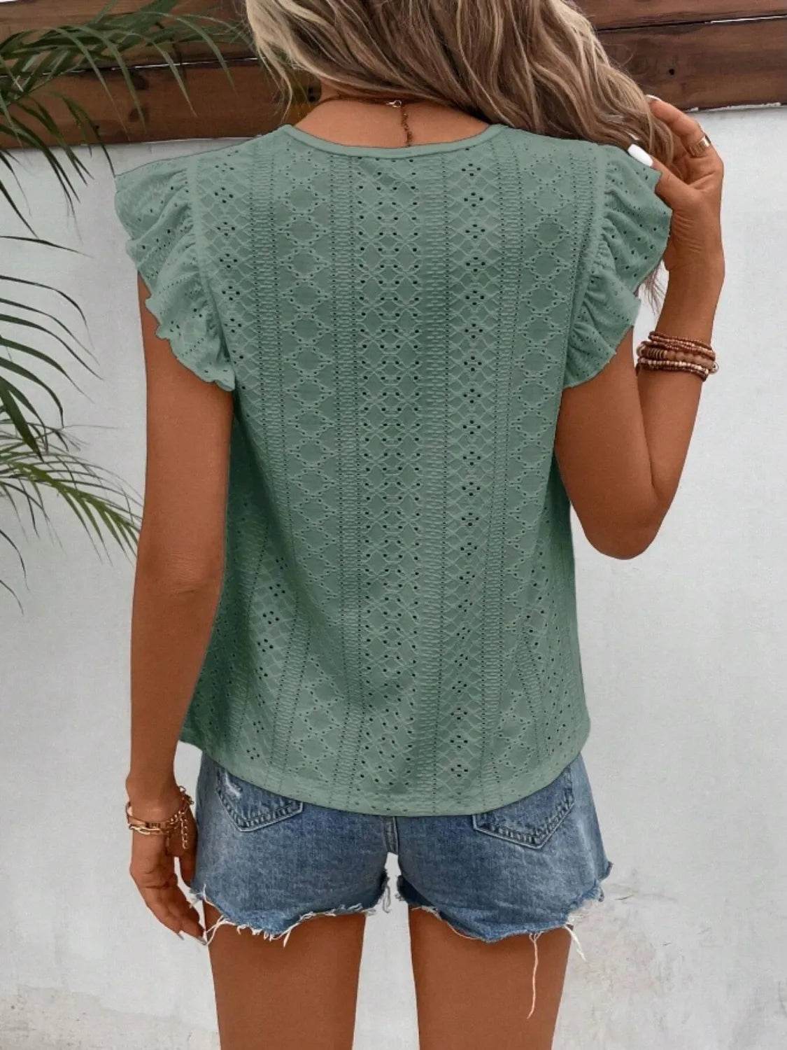 Elegant Eyelet Round Neck Cap Sleeve Top - 95% Polyester, No Stretch, Imported - Store 42