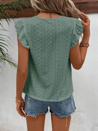 Elegant Eyelet Round Neck Cap Sleeve Top - 95% Polyester, No Stretch, Imported - Store 42