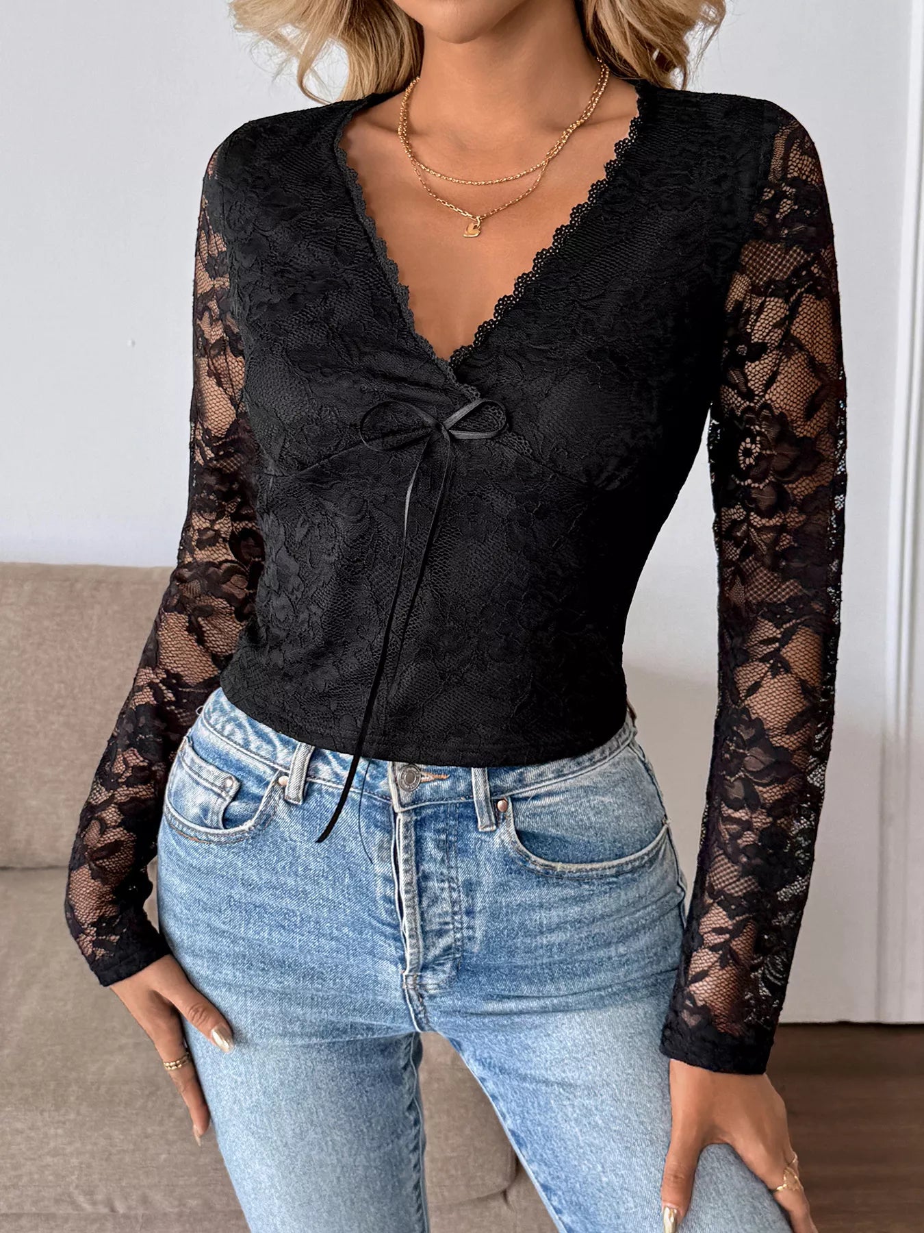 Chic Lace V-Neck Long Sleeve Top with Tied Detail - Slightly Stretchy Fabric in 4 Sizes