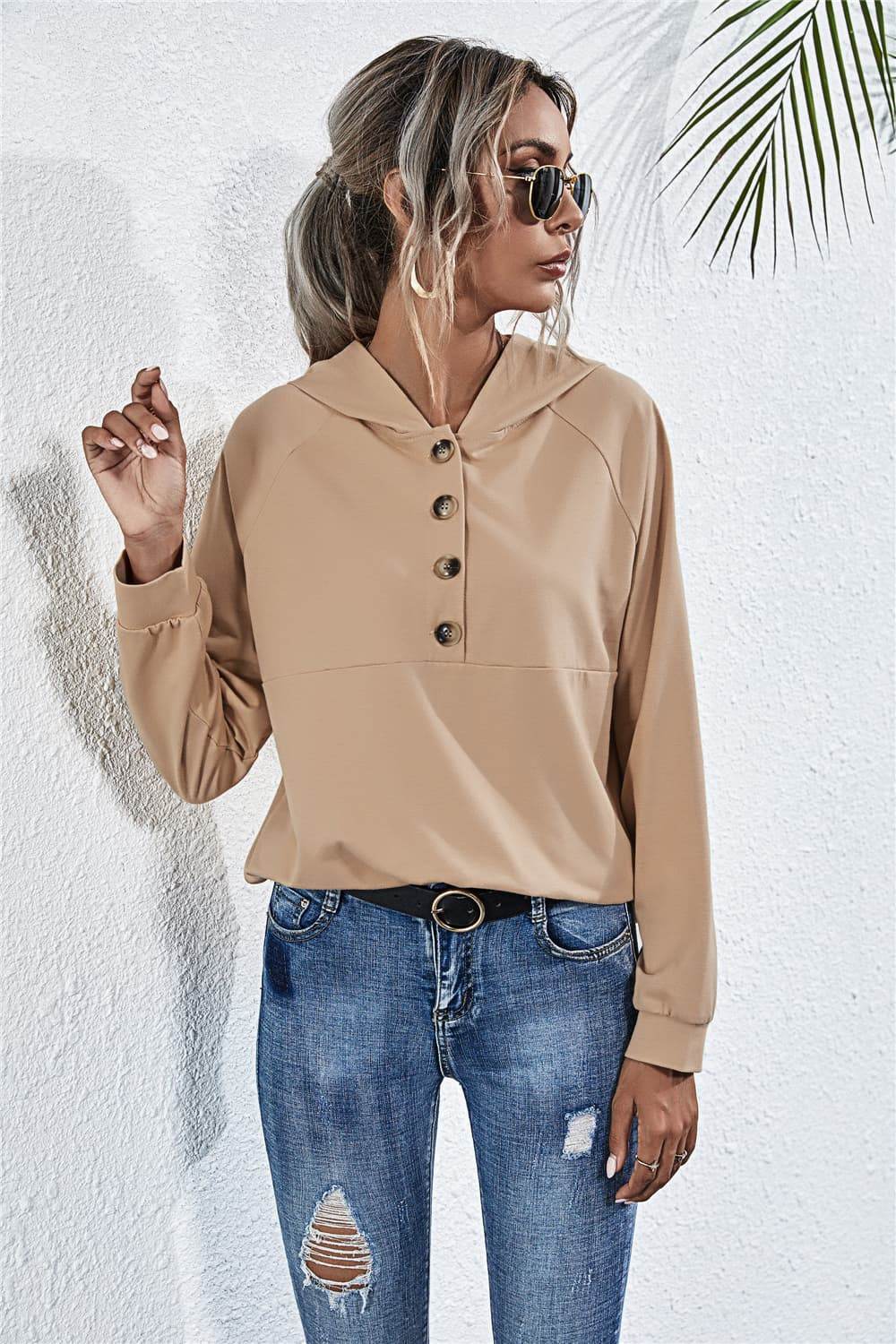 Chic Hooded Blouse with Buttoned Raglan Sleeves - Opaque, Slightly Stretchy, Stylish Comfort
