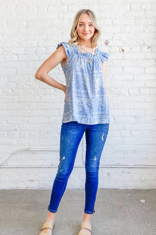 And The Why Boho Print Ruffle Baby Doll Tank Top
