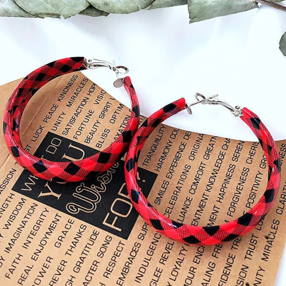 Trendy Plaid PU Leather Hoop Earrings - Stylish Alloy Design, 2.4" Long, Imported