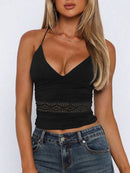 Devine Lace Detail Halter Neck Cami Black