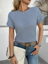 Trendy Hollow Out Waffle Knit Short Sleeve T-Shirt - Soft Stretchy Fabric, Eyelet Detail - Store 42