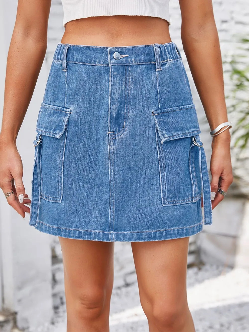 Stylish Pocketed Denim Skirt for Women - Buttoned Design, 95% Rayon, No Stretch