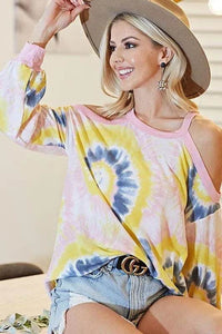 BiBi Tie Dye Print Terry Top with Cold Shoulder Detail - Store 42