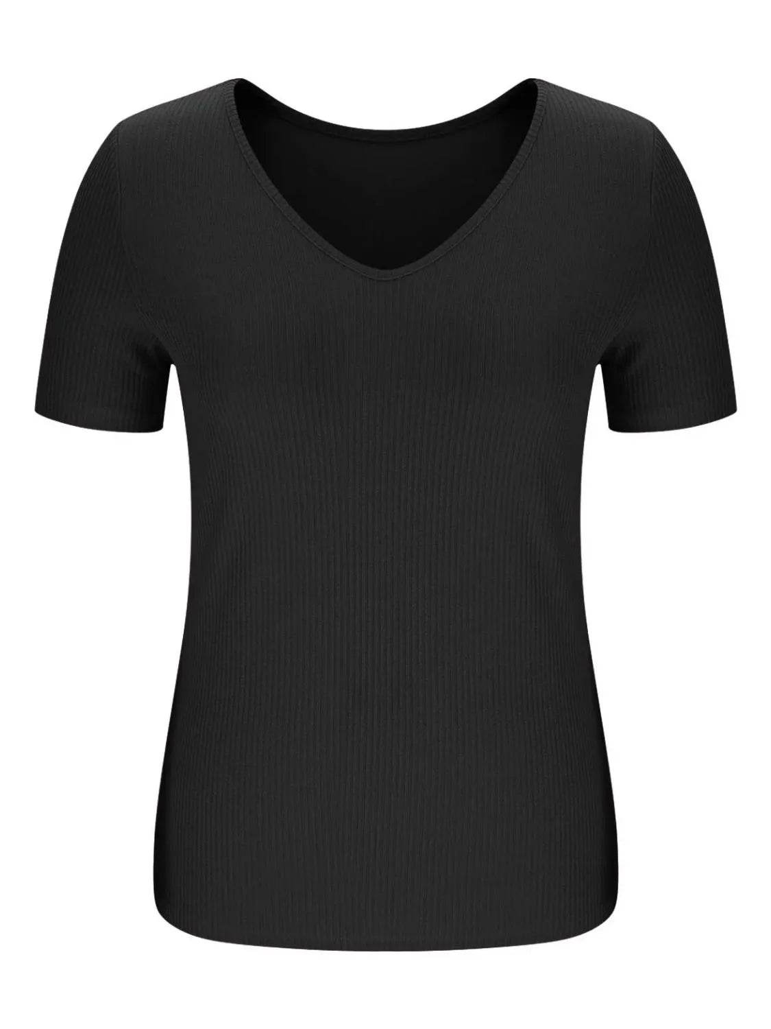 Trendy Solid V-Neck Short Sleeve T-Shirt - Slightly Stretchy, 95% Polyester, 5% Spandex - Store 42