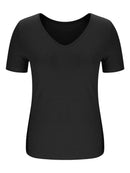 Trendy Solid V-Neck Short Sleeve T-Shirt - Slightly Stretchy, 95% Polyester, 5% Spandex - Store 42