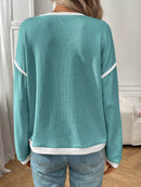 Slightly Stretchy Ribbed Long Sleeve Top with Contrast Trim - Elegant Basic Style - Store 42