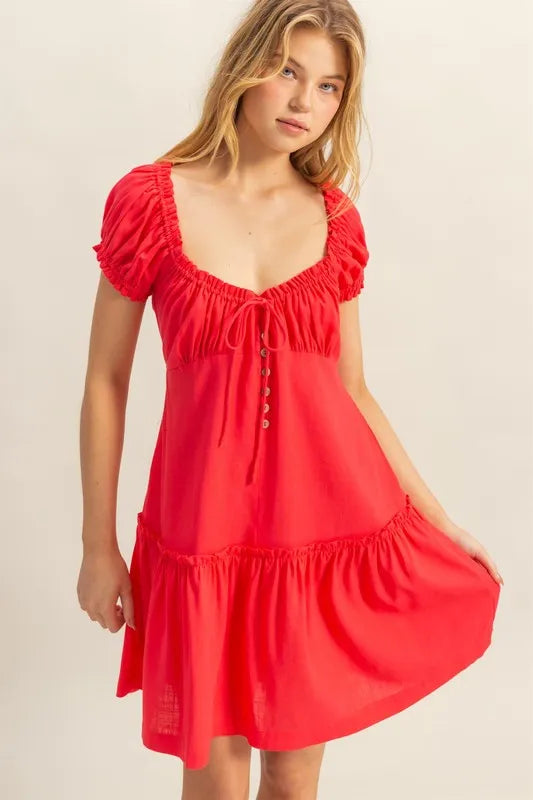 HYFVE Ruched Frill Tiered Mini Dress with Short Sleeves - Stylish Viscose Casual Wear