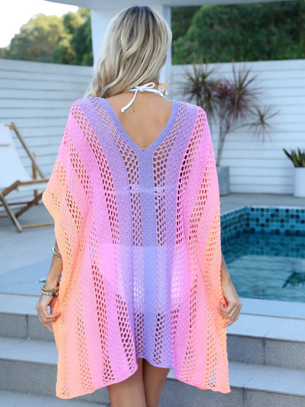 Openwork Contrast V-Neck Cover-Up - Semi-Sheer, Slightly Stretchy, 100% Polyester Fabric