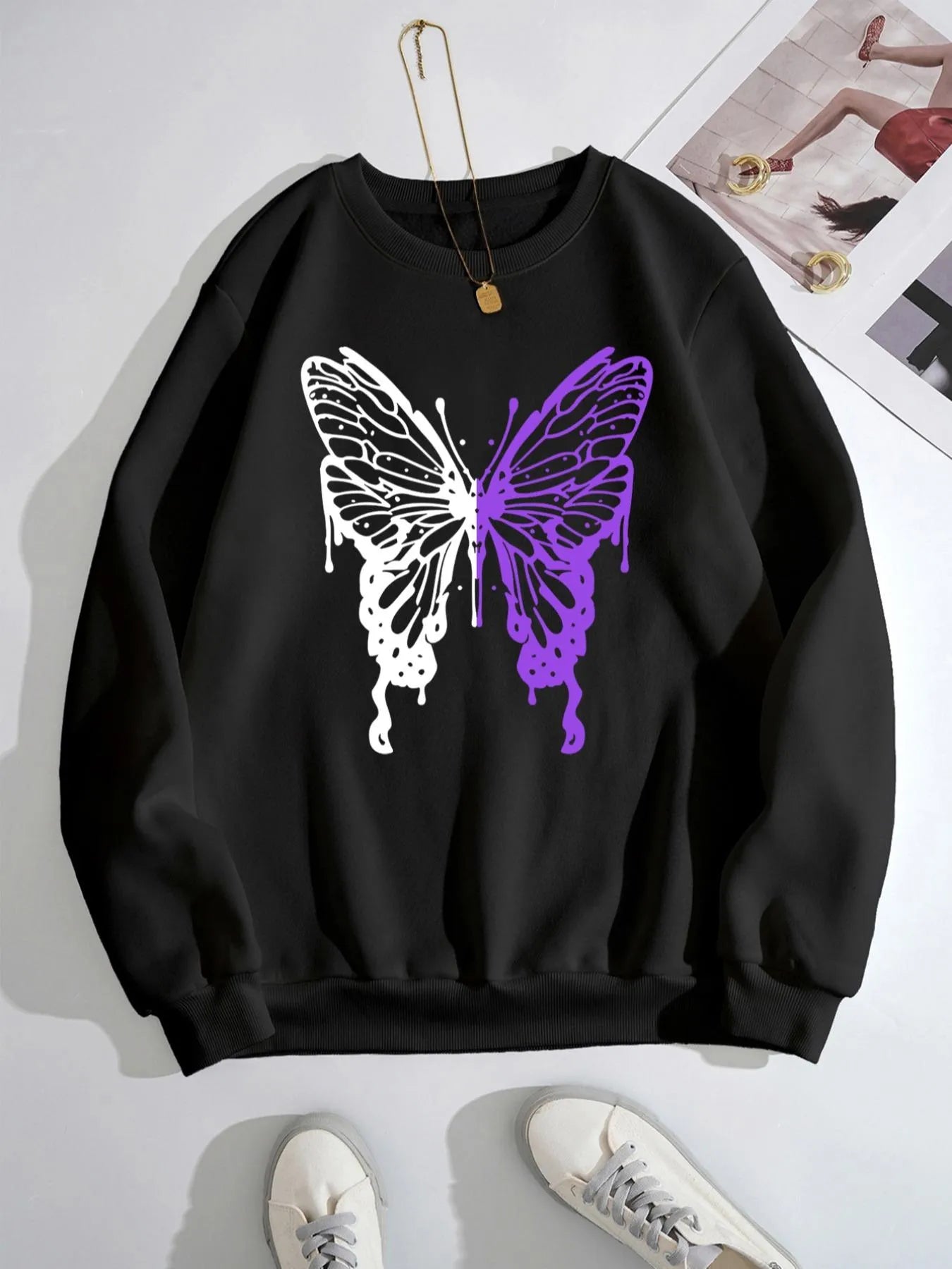 Trendsi Butterfly Round Neck Long Sleeve Sweatshirt - 100% Polyester, Machine Washable